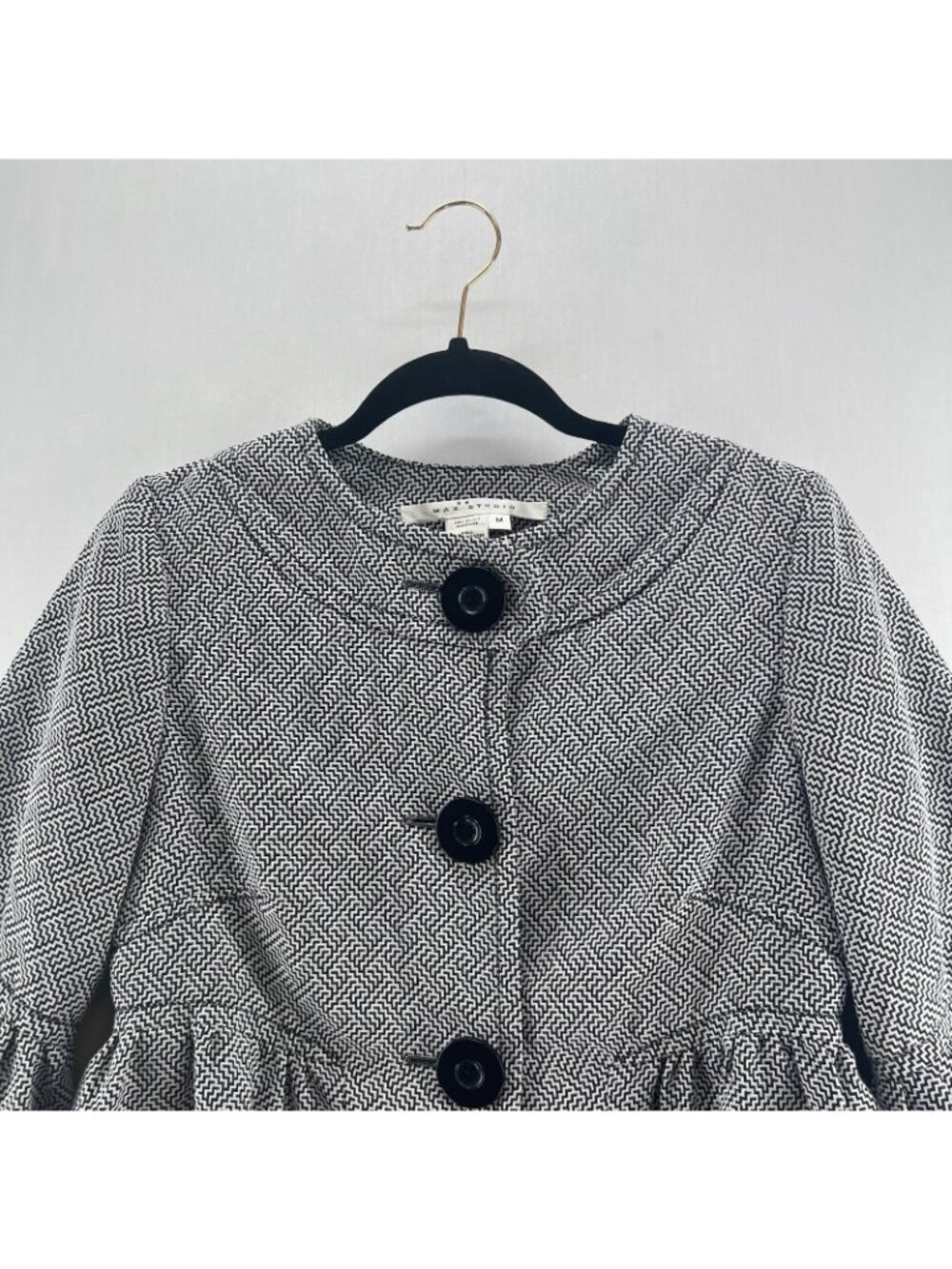 Max Studio Zigzag Peplum Jacket Womens M Puff Balloon Sleeve Button Black White - Picture 5 of 13